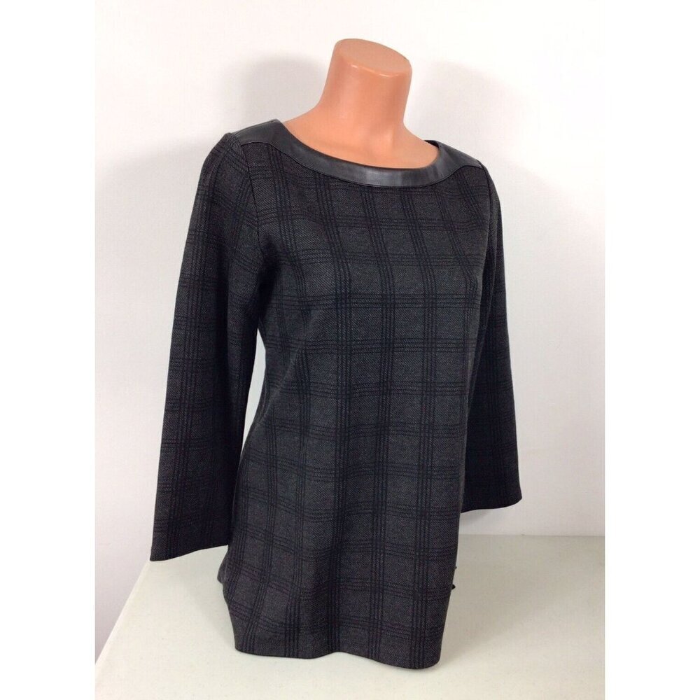 Ann Taylor Plaid Blouse Leather Trim Womens Small